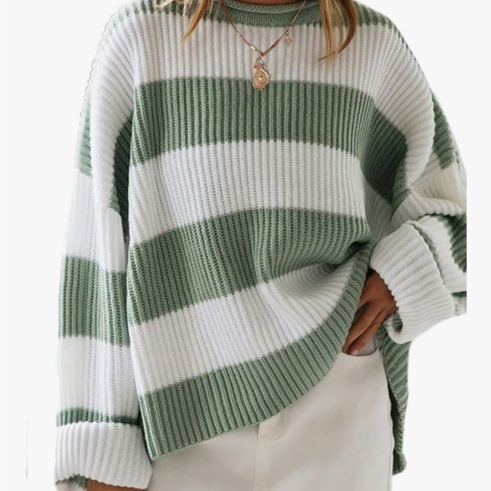 Striped Green and White Women's Sweater
